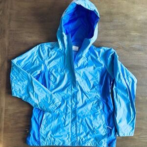 Columbia Omni-Tech Rain Jacket Womens Lg Blue Waterproof Hooded Shell Gorpcore